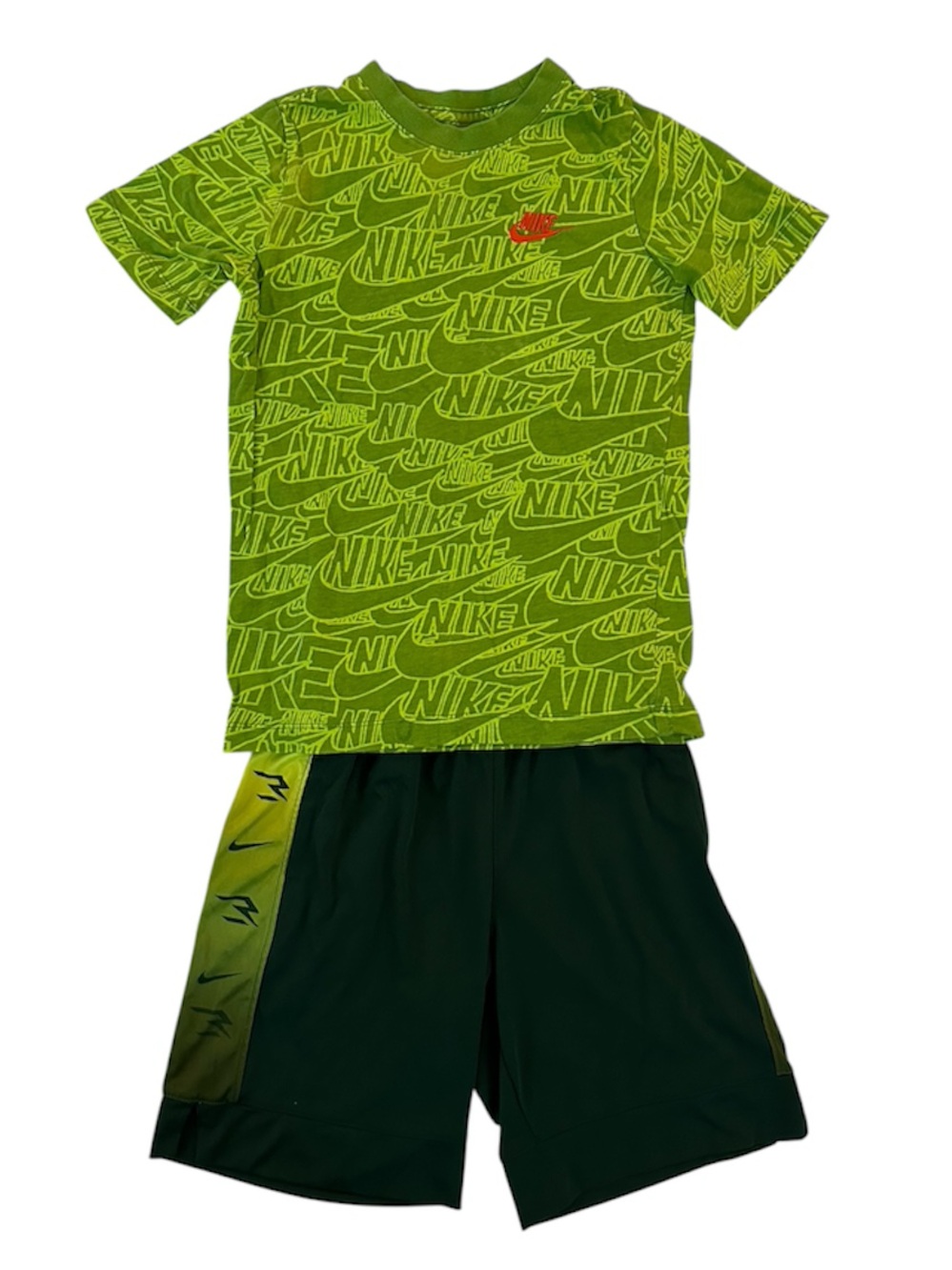 Nike Lime Green All-Over Logo Short Sleeve Tee and Shorts Set (bonus shorts)